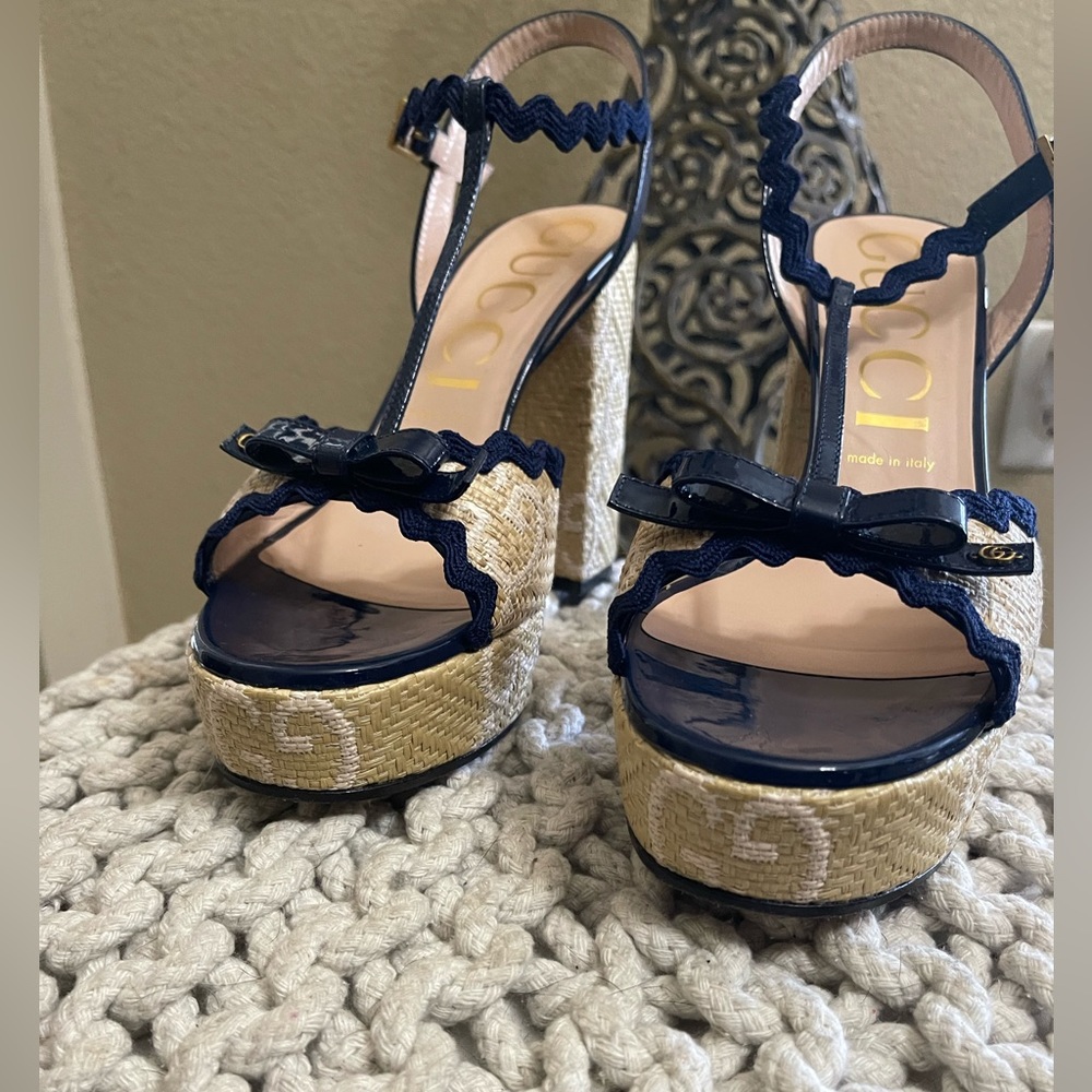 Gucci Natural/Royal Kertu Rafia  GG Platform Heels 41.5 - Picture 6 of 12